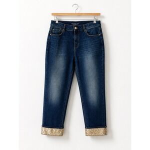 Chicos Gold Sequin Cuff Boyfriend Ankle Denim Blue 1P (US 8R) 25.5" inseam